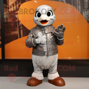 Silver Mandarin mascot costume character dressed with a Leather Jacket and Mittens