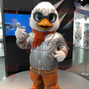 Silver Mandarin mascot costume character dressed with a Leather Jacket and Mittens