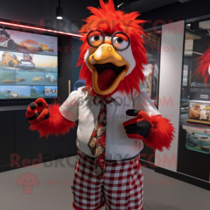 Red Roosters mascot costume character dressed with a Button-Up Shirt and Beanies