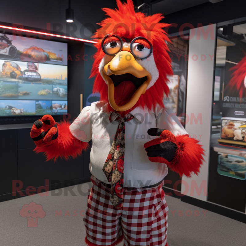 Red Roosters mascot costume character dressed with a Button-Up Shirt and Beanies Red Roosters mascot costume character dressed with a Button-Up Shirt and Beanies