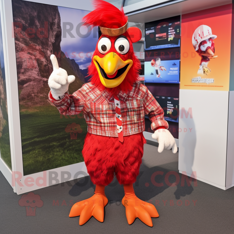Red Roosters mascot costume character dressed with a Button-Up Shirt and Beanies