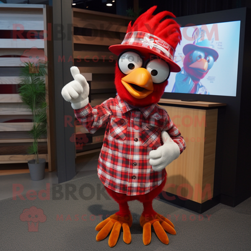 Red Roosters mascot costume character dressed with a Button-Up Shirt and Beanies