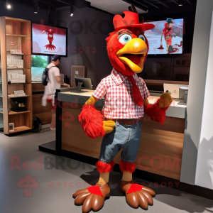 Red Roosters mascot costume character dressed with a Button-Up Shirt and Beanies