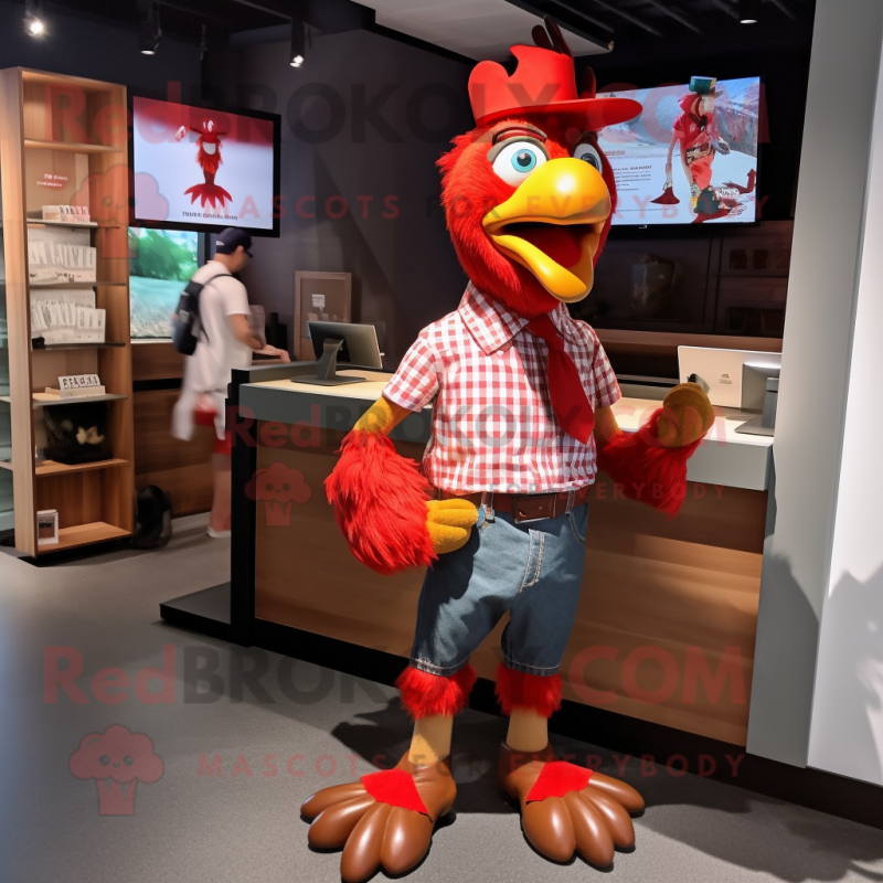 Red Roosters mascot costume character dressed with a Button-Up Shirt and Beanies