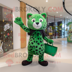 Forest Green Leopard mascot costume character dressed with a Sheath Dress and Handbags