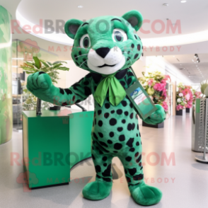 Forest Green Leopard mascot costume character dressed with a Sheath Dress and Handbags