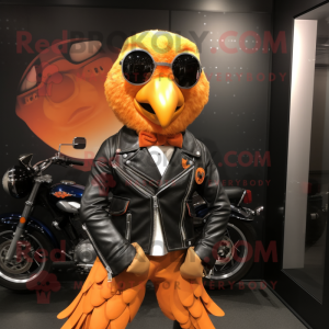 Orange Guinea Fowl mascot costume character dressed with a Biker Jacket and Pocket squares