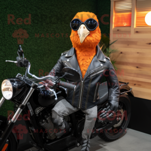 Orange Guinea Fowl mascot costume character dressed with a Biker Jacket and Pocket squares