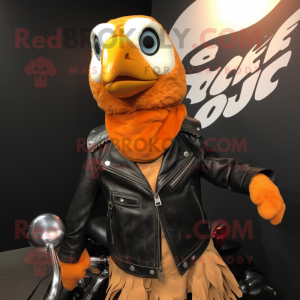 Orange Guinea Fowl mascot costume character dressed with a Biker Jacket and Pocket squares