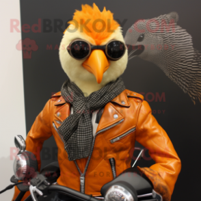 Orange Guinea Fowl mascot costume character dressed with a Biker Jacket and Pocket squares