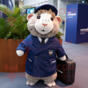 Navy Guinea Pig mascot costume character dressed with a Moto Jacket and Briefcases