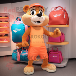 Peach Mongoose mascot costume character dressed with a Running Shorts and Handbags