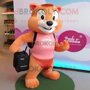 Peach Mongoose mascot costume character dressed with a Running Shorts and Handbags