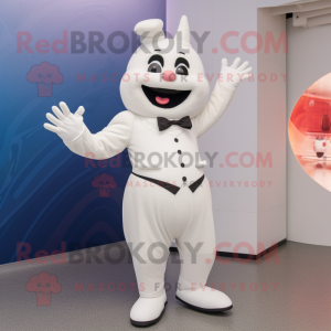 White Acrobat mascot costume character dressed with a Suit Jacket and Mittens