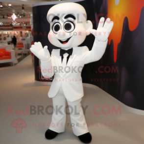 White Acrobat mascot costume character dressed with a Suit Jacket and Mittens