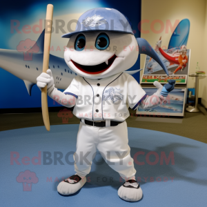 Silver Swordfish mascot costume character dressed with a Baseball Tee and Pocket squares