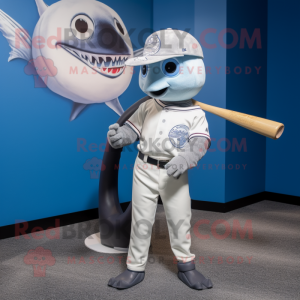 Silver Swordfish mascot costume character dressed with a Baseball Tee and Pocket squares