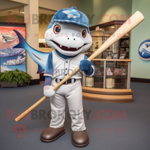 Silver Swordfish mascot costume character dressed with a Baseball Tee and Pocket squares