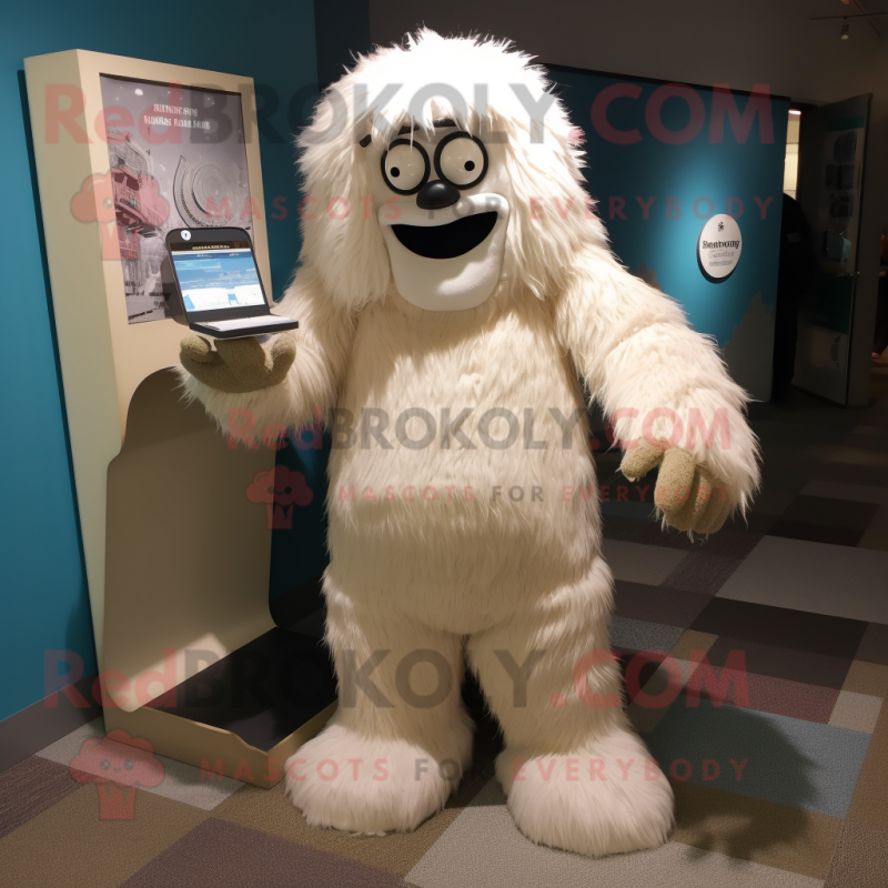 Beige Yeti mascot costume character dressed with a Henley Shirt and Shoe clips