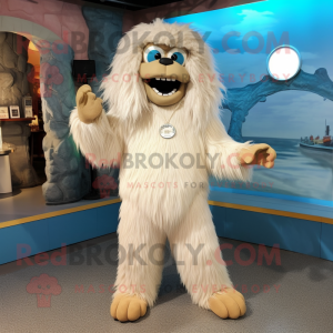 Beige Yeti mascot costume character dressed with a Henley Shirt and Shoe clips