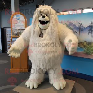 Beige Yeti mascot costume character dressed with a Henley Shirt and Shoe clips