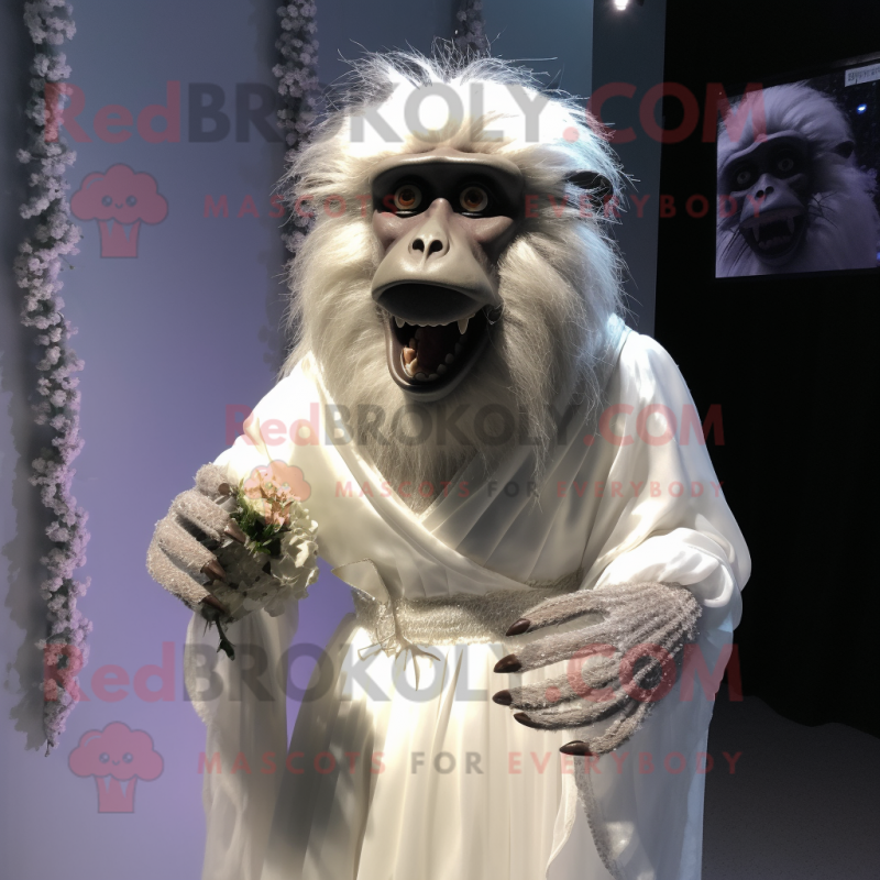 Silver Baboon mascot costume character dressed with a Wedding Dress and Hair clips