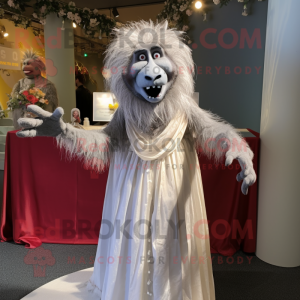Silver Baboon mascot costume character dressed with a Wedding Dress and Hair clips