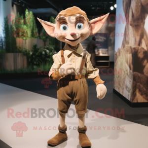 Tan Elf mascot costume character dressed with a Button-Up Shirt and Suspenders