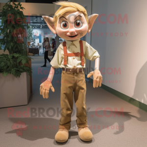 Tan Elf mascot costume character dressed with a Button-Up Shirt and Suspenders