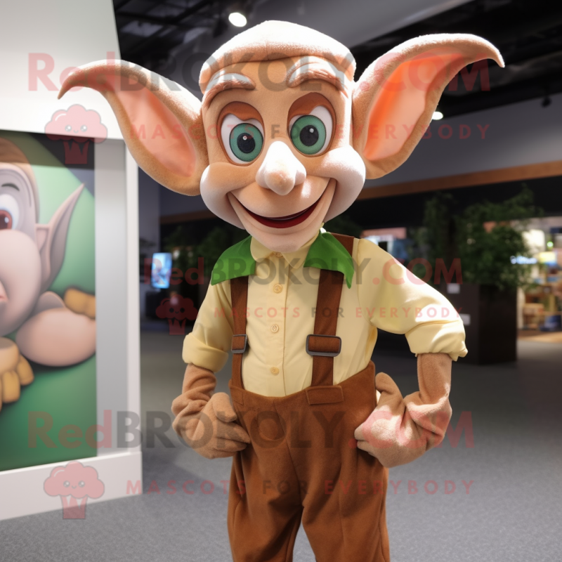 Tan Elf mascot costume character dressed with a Button-Up Shirt and Suspenders