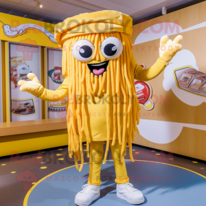 Gold Spaghetti mascot costume character dressed with a Chinos and Beanies