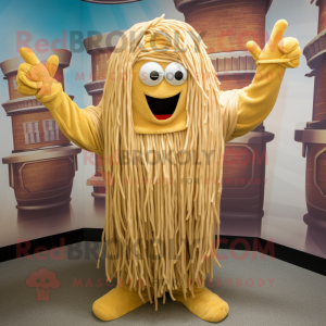Gold Spaghetti mascot costume character dressed with a Chinos and Beanies