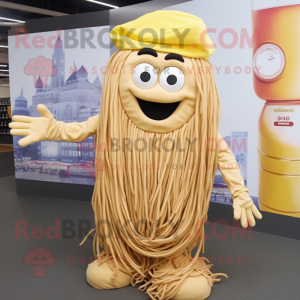 Gold Spaghetti mascot costume character dressed with a Chinos and Beanies