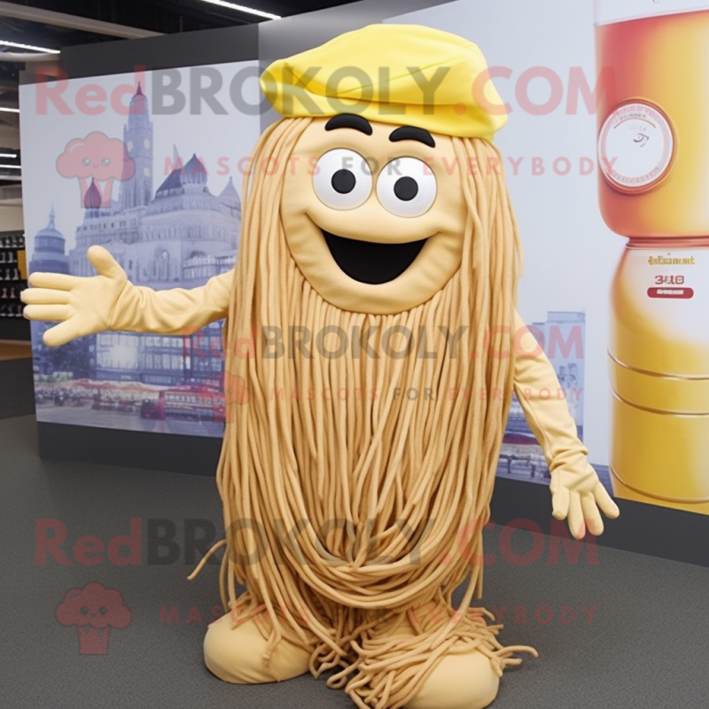 Gold Spaghetti mascot costume character dressed with a Chinos and Beanies Gold Spaghetti mascot costume character dressed with a Chinos and Beanies
