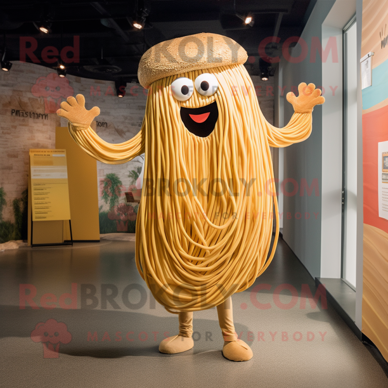 Gold Spaghetti mascot costume character dressed with a Chinos and Beanies