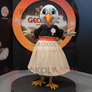 Peach Guinea Fowl mascot costume character dressed with a Circle Skirt and Watches