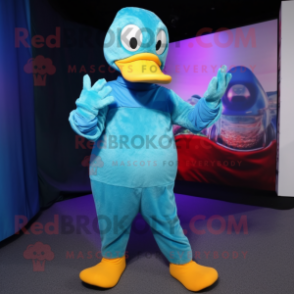 Cyan Muscovy Duck mascot costume character dressed with a Jeggings and Gloves