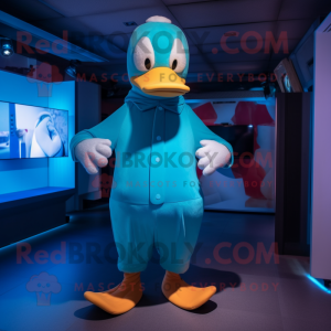 Cyan Muscovy Duck mascot costume character dressed with a Jeggings and Gloves