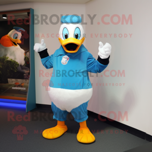 Cyan Muscovy Duck mascot costume character dressed with a Jeggings and Gloves