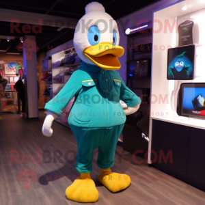 Cyan Muscovy Duck mascot costume character dressed with a Jeggings and Gloves