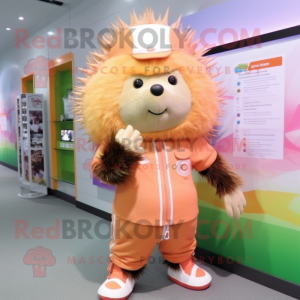 Peach Porcupine mascot costume character dressed with a Vest and Berets