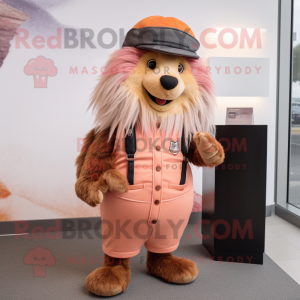 Peach Porcupine mascot costume character dressed with a Vest and Berets