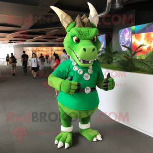 Green Triceratops mascot costume character dressed with a Polo Shirt and Bracelet watches