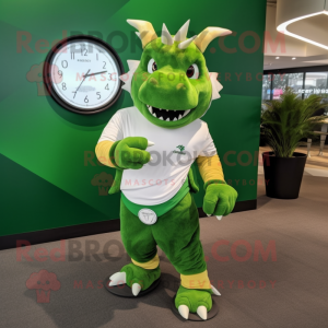 Green Triceratops mascot costume character dressed with a Polo Shirt and Bracelet watches