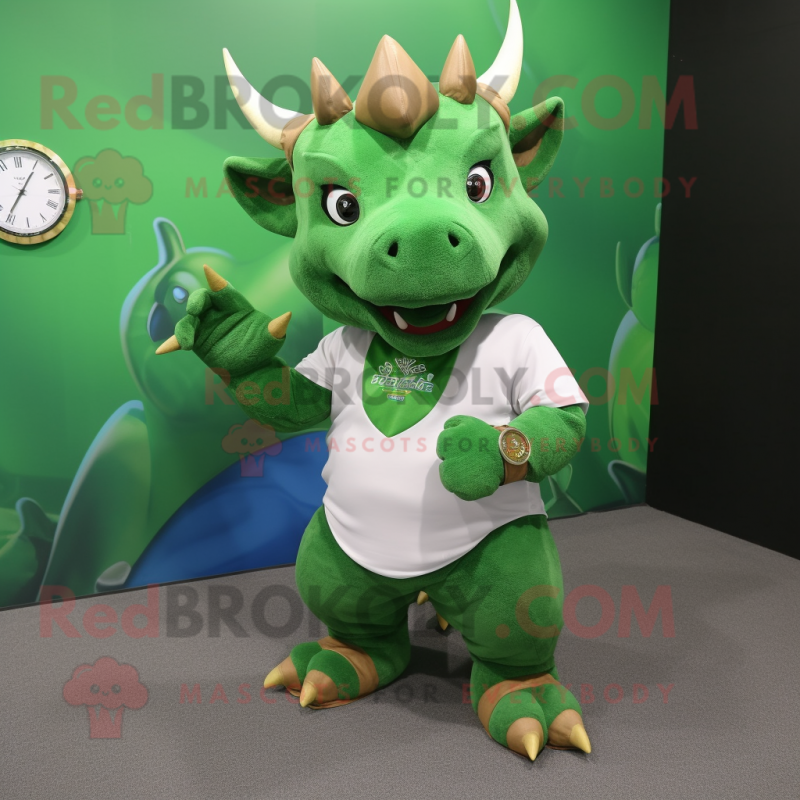 Green Triceratops mascot costume character dressed with a Polo Shirt and Bracelet watches