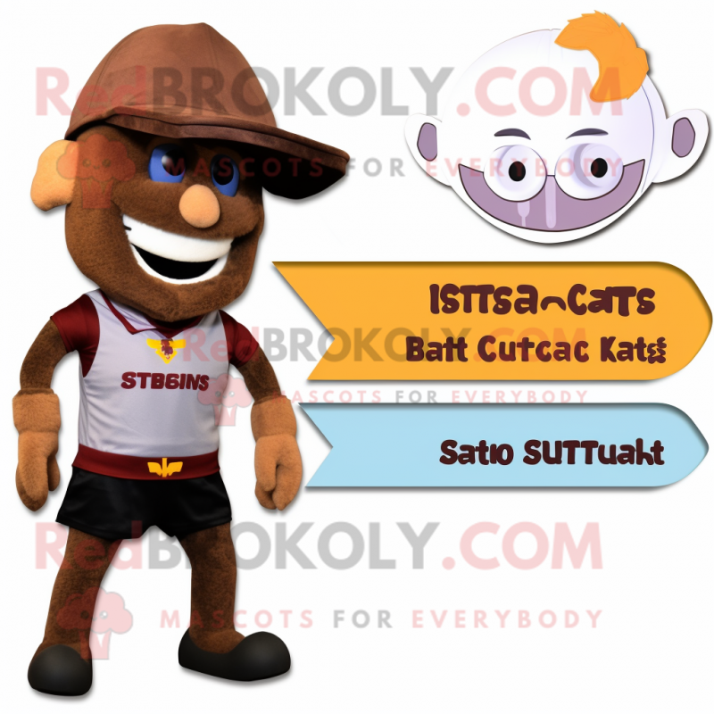 Rust Steak mascot costume character dressed with a Bikini and Caps Rust Steak mascot costume character dressed with a Bikini and Caps