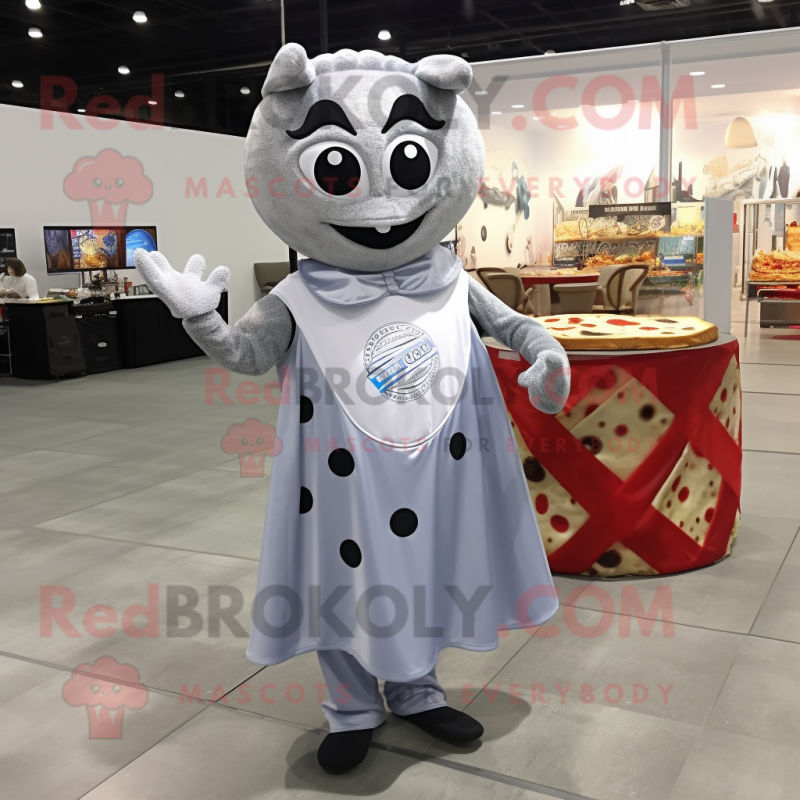 Silver Pizza mascot costume character dressed with a Evening Gown and Messenger bags Silver Pizza mascot costume character dressed with a Evening Gown and Messenger bags