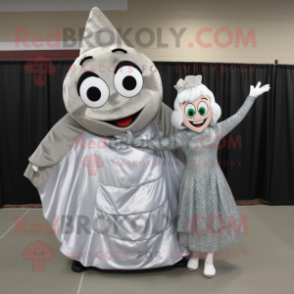 Silver Pizza mascot costume character dressed with a Evening Gown and Messenger bags