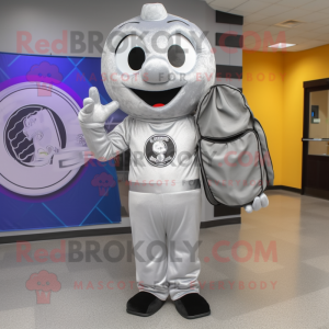 Silver Pizza mascot costume character dressed with a Evening Gown and Messenger bags