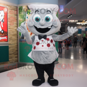 Silver Pizza mascot costume character dressed with a Evening Gown and Messenger bags